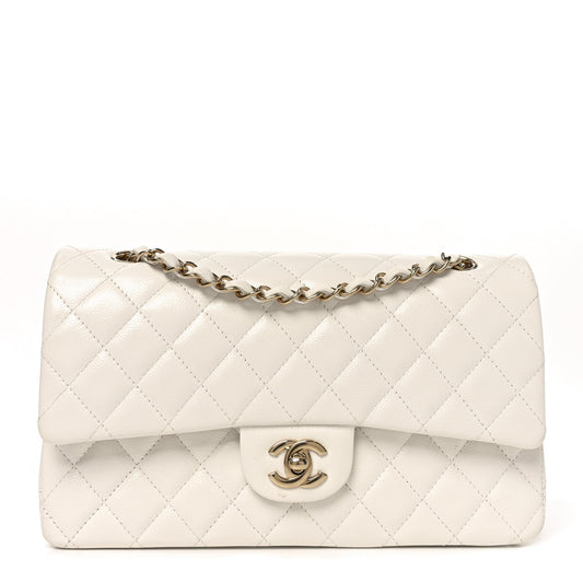 Caviar Quilted Medium Double Flap White