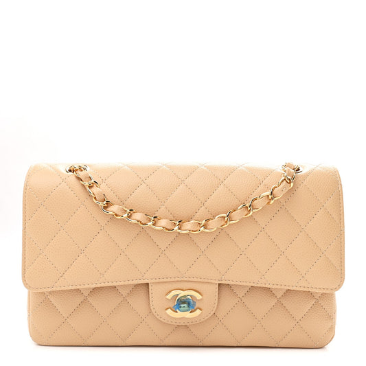Caviar Quilted Medium Double Flap Beige