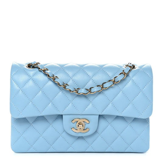 Caviar Quilted Small Double Flap Light Blue