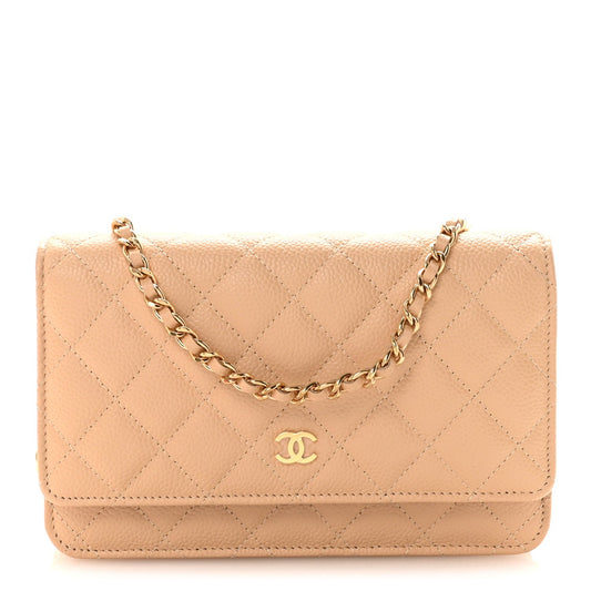 Caviar Quilted Wallet on Chain WOC Beige
