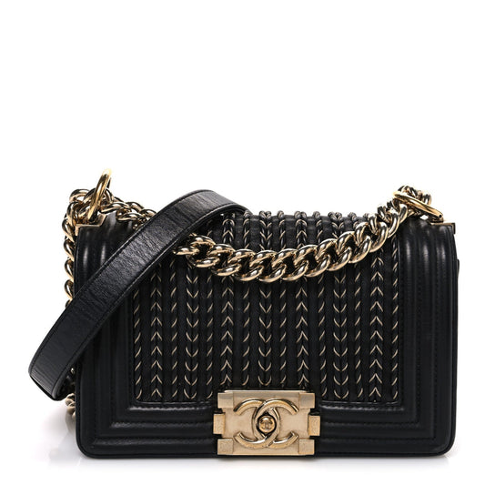 Calfskin Braided Small Boy Flap Black