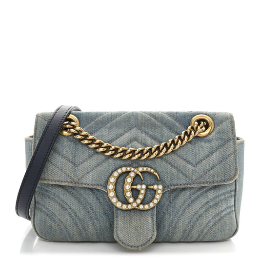 Denim Matelasse Mini Pearly GG Marmont Shoulder Bag Blue