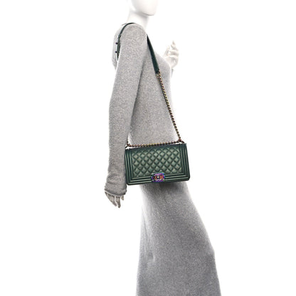 Iridescent Goatskin Quilted Medium Boy Flap Green