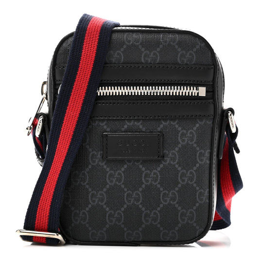GG Supreme Monogram Appia Calfskin Web Small Camera Messenger Bag Black Grey