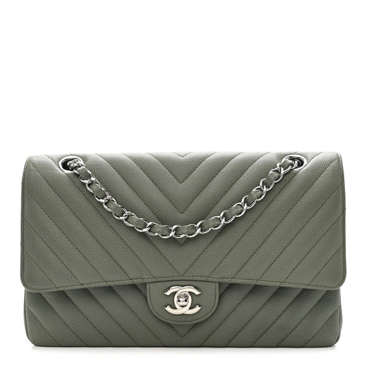 Caviar Chevron Quilted Medium Double Flap  Green