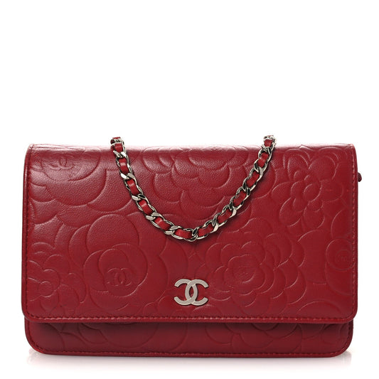 Lambskin Camellia Embossed Wallet on Chain WOC Red