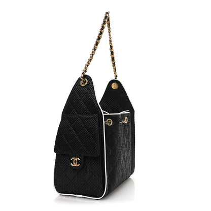 Braided Raffia Calfskin Small Chanel 25 Handbag Black White