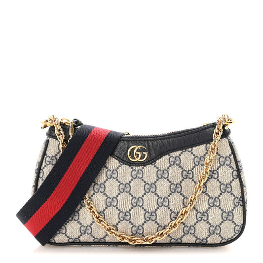 GG Supreme Monogram Textured Dollar Calfskin Web Small Ophidia GG Handbag Beige Blue
