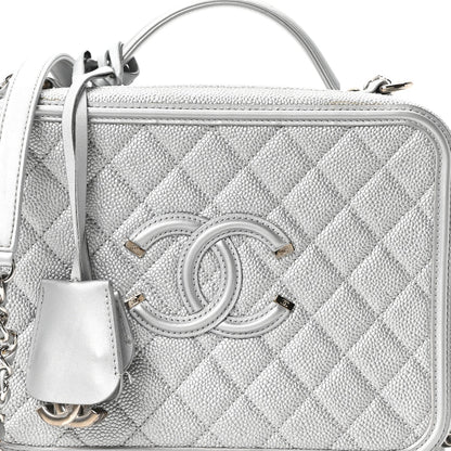 Metallic Caviar Quilted Large CC Filigree Vanity Case Silver