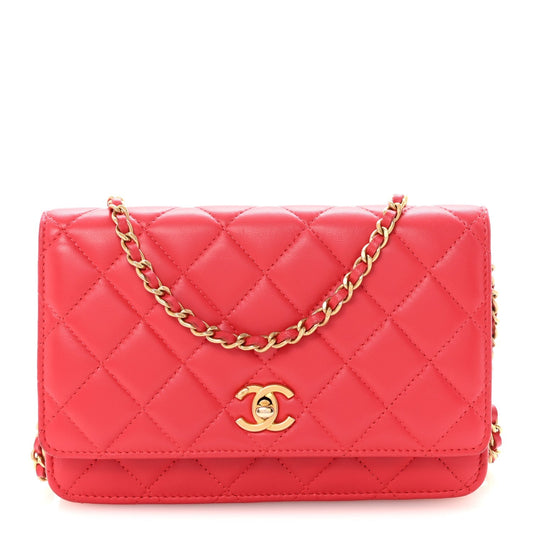 Lambskin Quilted CC Pearl Crush Wallet on Chain WOC Red