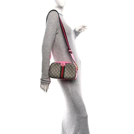 GG Supreme Monogram Textured Dollar Calfskin Web Ophidia Small Crossbody Bag Beige Ebony Fuchsia