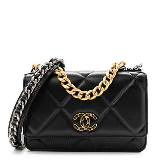 Lambskin Quilted Chanel 19 Wallet On Chain WOC Black