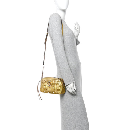 Metallic Calfskin Matelasse Studded Small Pearly GG Marmont Chain Shoulder Bag Gold