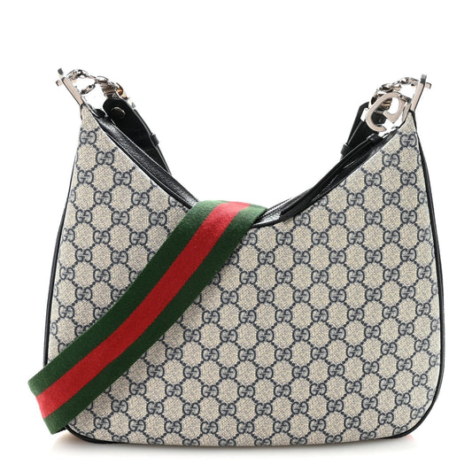 GG Supreme Monogram Textured Calfskin Web Large Attache Shoulder Bag Beige Blue