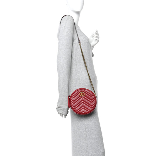 Glazed Calfskin Matelasse Heart Mini GG Marmont Round Shoulder Bag Romantic Cerise