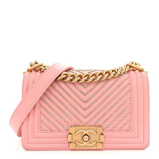 Calfskin Chevron Embroidered Small Boy By The Sea Flap Pink