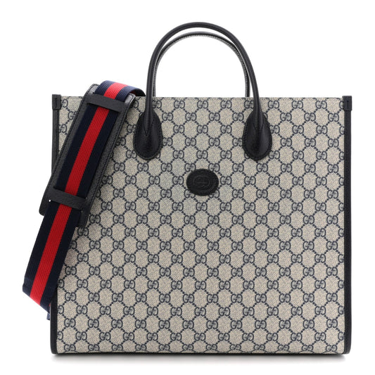 GG Supreme Monogram Azalea Calfskin Medium Retro Interlocking G Tote Bag Beige Blue