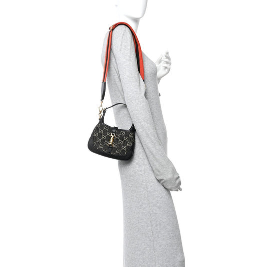 Jacquard Black Denim GG Monogram Textured Dollar Calfskin Mini Jackie 1961 Hobo Black Ivory
