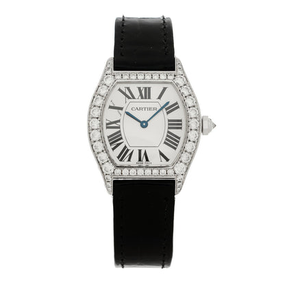 18K White Gold Alligator Diamond Bezel 28mm Tortue Manual Winding Watch Black
