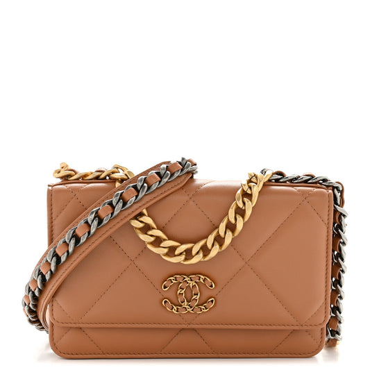 Lambskin Quilted Chanel 19 Wallet On Chain WOC Brown