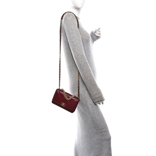 Lambskin Quilted Chanel 19 Wallet On Chain WOC Burgundy