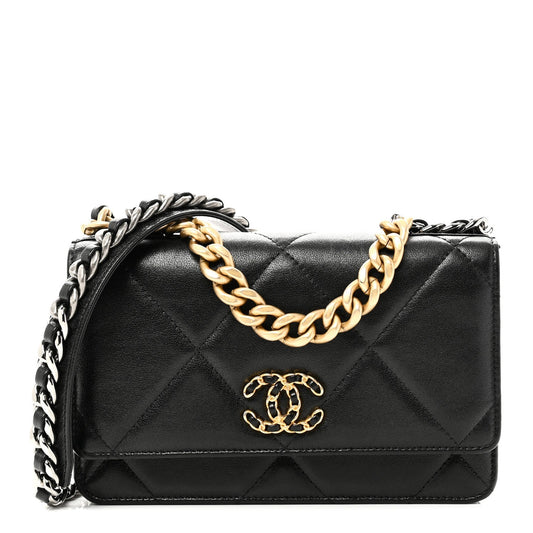 Lambskin Quilted Chanel 19 Wallet On Chain WOC Black