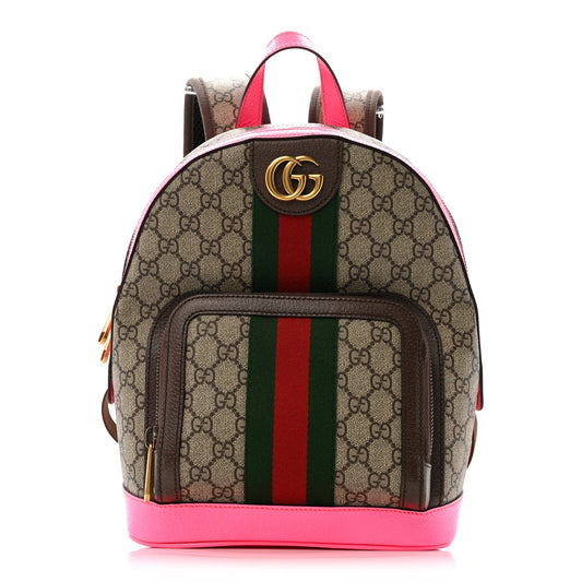 GG Supreme Monogram Textured Dollar Calfskin Web Small Ophidia Day Backpack Beige Ebony Fluorescent Fuchsia