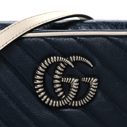 Vintage Effect Calfskin Matelasse Diagonal Small Torchon GG Marmont Chain Shoulder Bag Blue Agata Mystic White