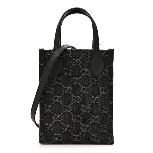 Denim GG Monogram Dollar Calfskin Mini Ophidia Tote Black Grey