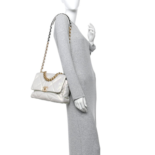 Iridescent Calfskin Quilted Large Chanel 19 Flap White