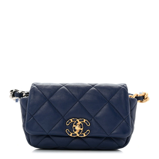Goatskin Quilted Chanel 19 Waist Bag Dark Blue