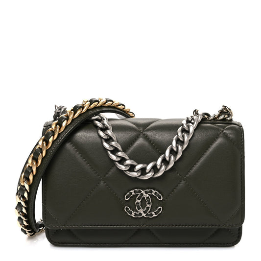 Lambskin Quilted Chanel 19 Wallet On Chain WOC Dark Green