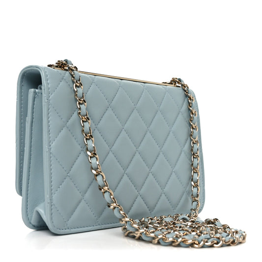 Lambskin Quilted Trendy CC Wallet On Chain WOC Light Blue