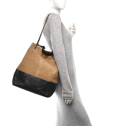 Suede Shiny Lambskin Quilted Large Shopping Bag Beige Black