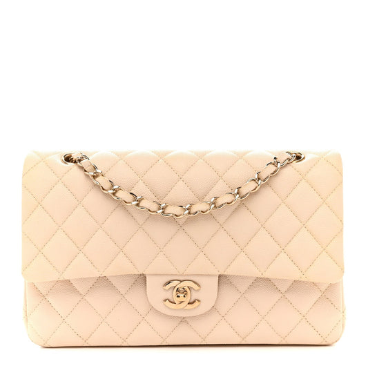Caviar Quilted Medium Double Flap Light Beige