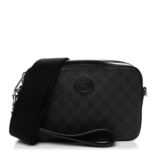 GG Supreme Monogram Azalea Calfskin Retro Interlocking G Wristlet Shoulder Bag Black