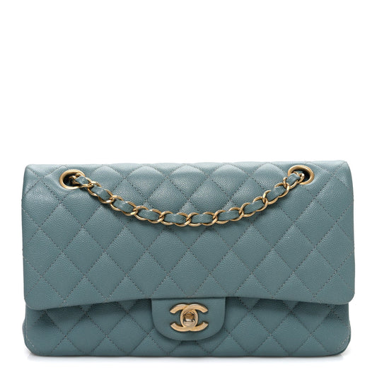 Iridescent Caviar Quilted Medium Double Flap Light Blue