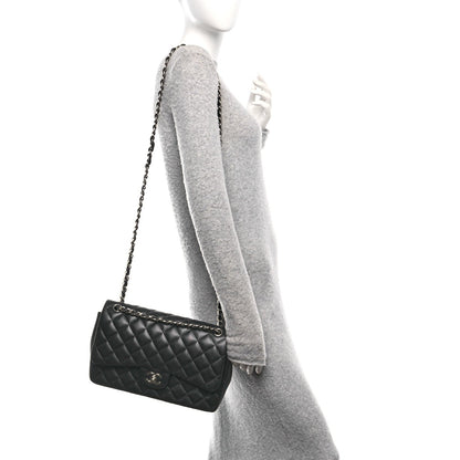 Lambskin Quilted Jumbo Double Flap Black