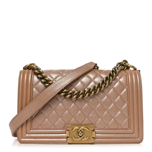 Metallic Calfskin Quilted Medium Boy Flap Dark Beige