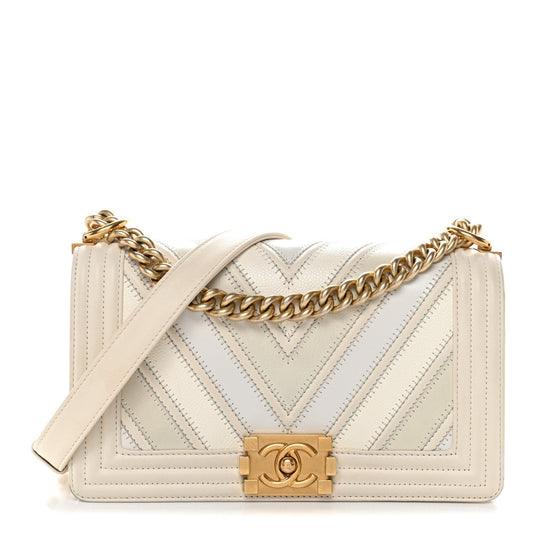 Caviar Suede Calfskin Chevron Medium Boy Flap White