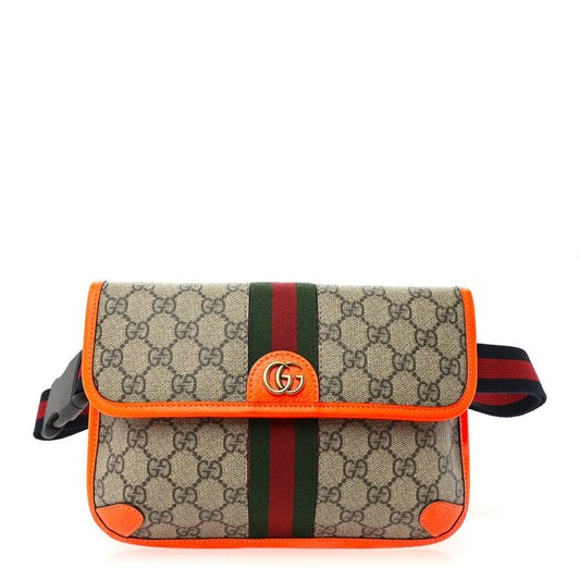GG Supreme Monogram Web Small Ophidia Belt Bag Beige Ebony Orange Fluo