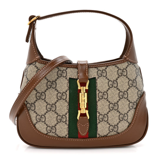 GG Supreme Monogram Azalea Calfskin Web Mini Jackie 1961 Hobo Beige Ebony Brown Sugar