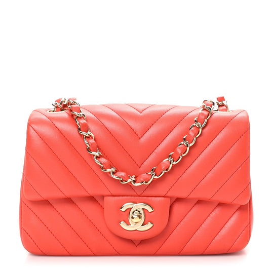 Lambskin Chevron Quilted Mini Rectangular Flap Red