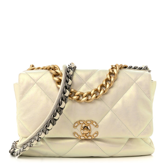 Iridescent Calfskin Quilted Large Chanel 19 Flap White