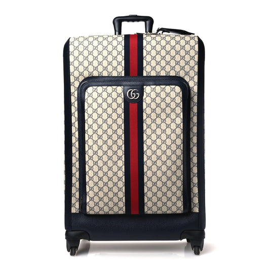 GG Supreme Monogram Textured Dollar Calfskin Web Large Savoy Trolley Suitcase Beige Blue