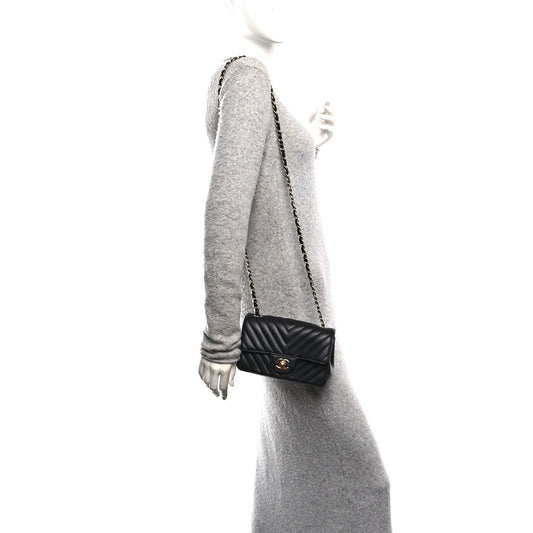 Lambskin Chevron Quilted Mini Rectangular Flap Black