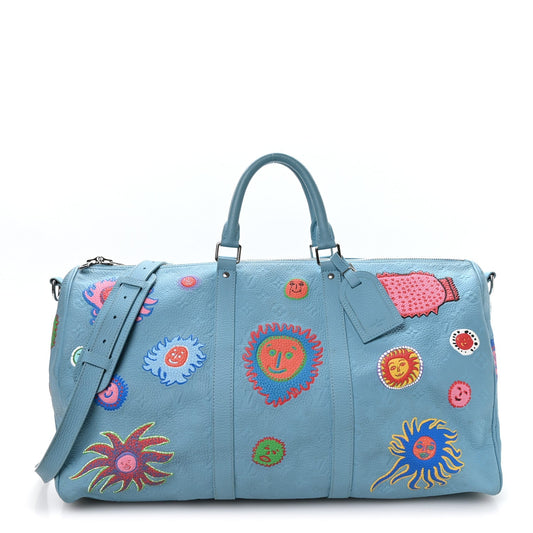 LV X YK Taurillon Monogram Keepall Bandouliere 50 Blue Multicolor