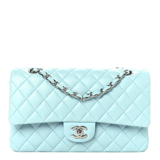 Lambskin Quilted Medium Double Flap Light Blue