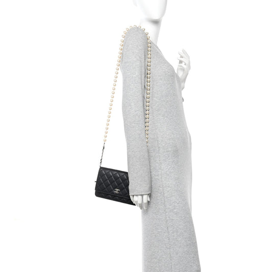 Lambskin Quilted Pearl Wallet On Chain WOC Black