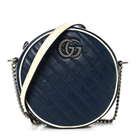 Azalea Calfskin Matelasse Diagonal Mini Torchon GG Marmont Round Shoulder Bag Blue Agata Mystic White